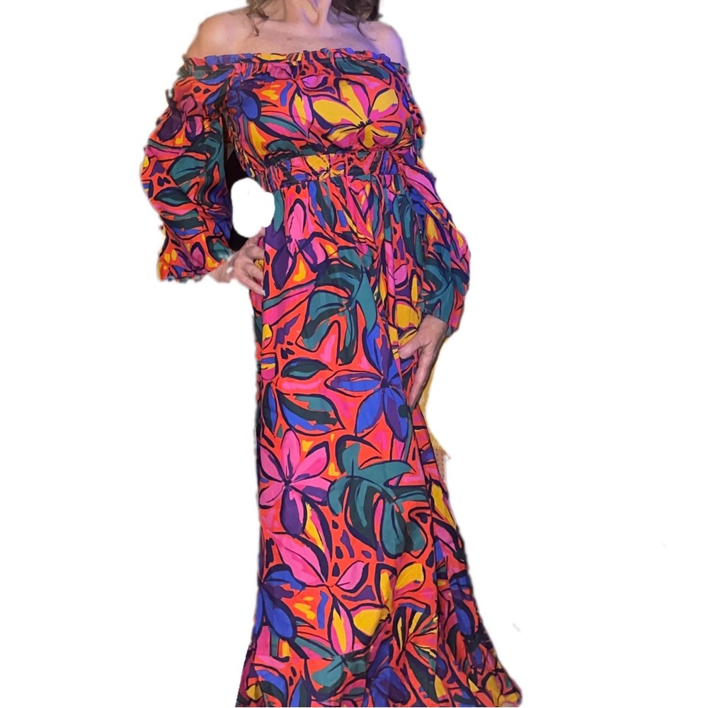 🆕#168-SUGARLIPS DRESS, Rainbow Tropics Off the Shoulder Bell Sleeve Midi Size M - Picture 5 of 13